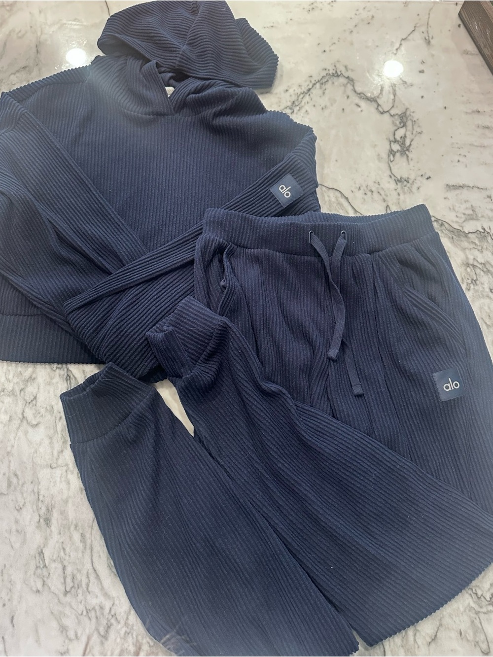 ALO Yoga Ribbed Drawstring Joggers and Matching Hoodie in Navy - Picture 4 of 4
